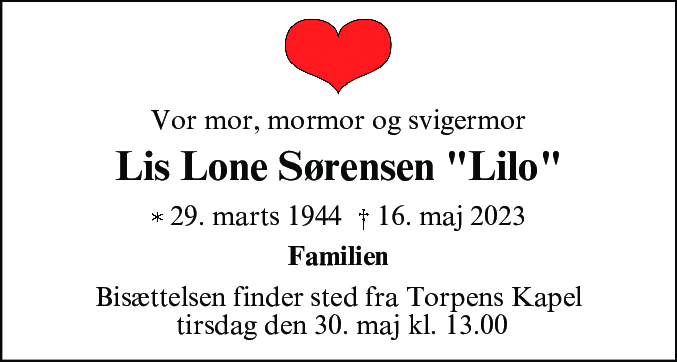 Dødsannonce for Lis Lone Sørensen