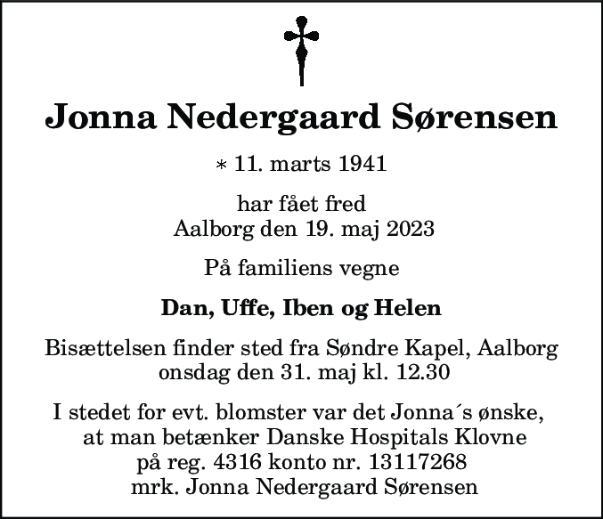 Dødsannonce for Jonna Nedergaard Sørensen