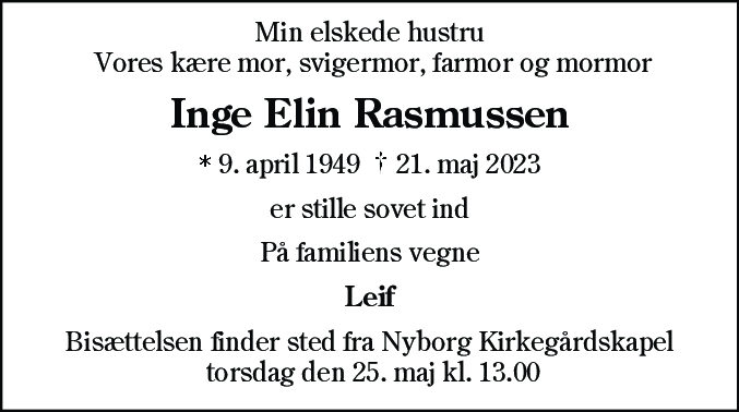 Dødsannonce for Inge Elin Rasmussen