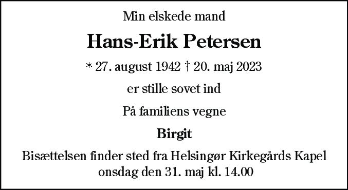 Dødsannonce for Hans-Erik Petersen