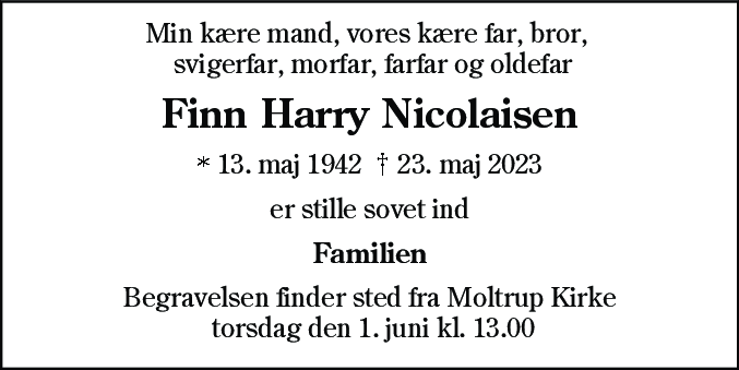 Dødsannonce for Finn Harry Nicolaisen