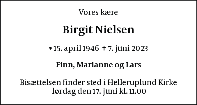 Dødsannonce for Birgit Nielsen
