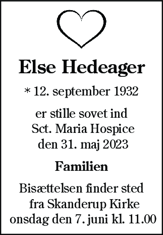 Dødsannonce for Else Hedeager