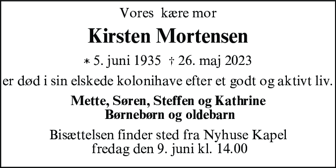Dødsannonce for Kirsten Mortensen