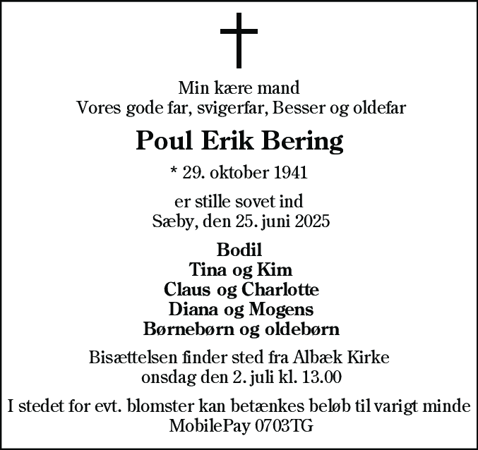 Dødsannonce for Poul Erik Bering