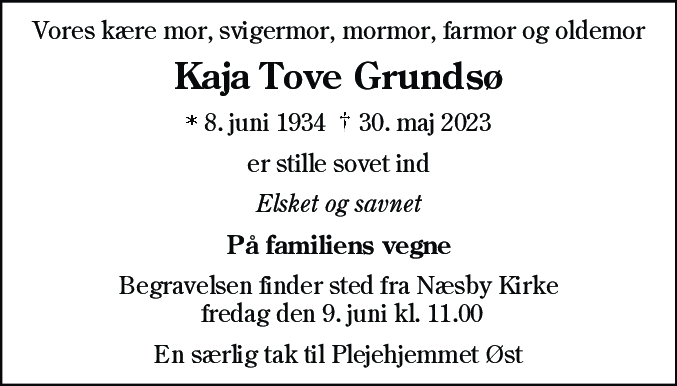 Dødsannonce for Kaja Tove Grundsø