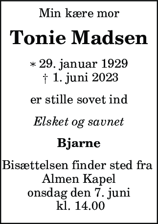 Dødsannonce for Tonie Madsen