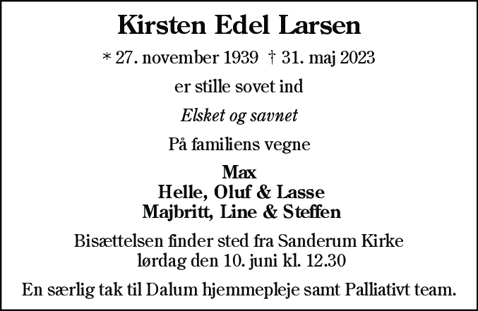 Dødsannonce for Kirsten Edel Larsen