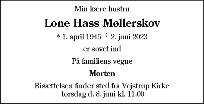 Dødsannonce for Lone Møllerskov
