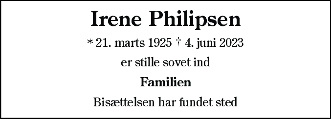 Dødsannonce for Irene Philipsen