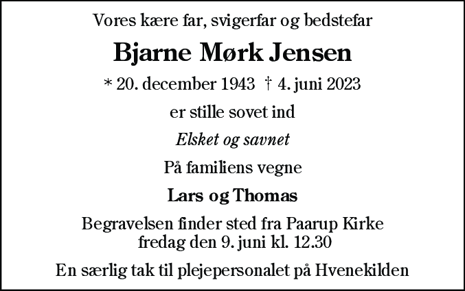Dødsannonce for Bjarne Mørk Jensen