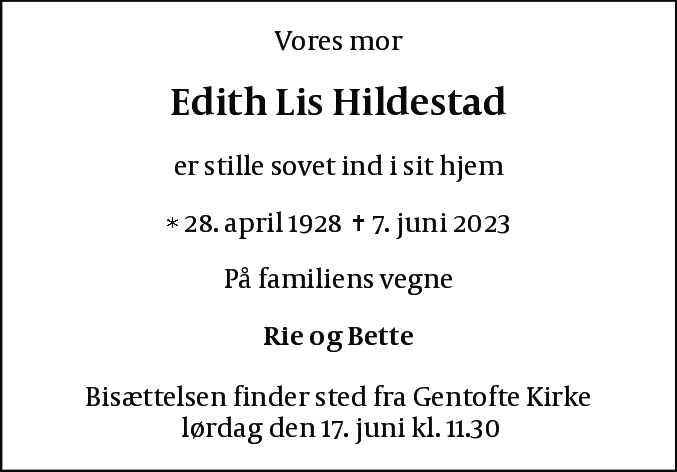 Dødsannonce for Edith Lis Hildestad