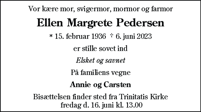 Dødsannonce for Ellen Margrete Pedersen