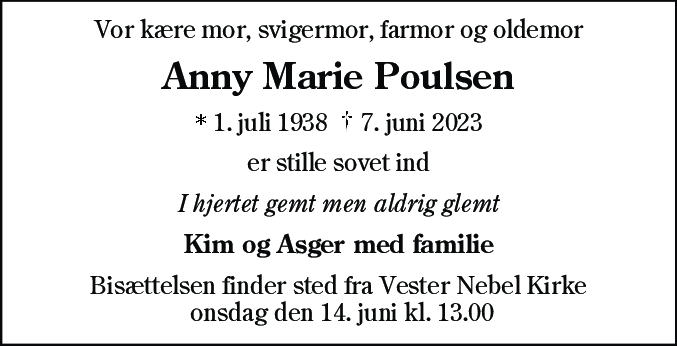 Dødsannonce for Anny Marie Poulsen