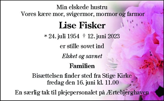 Dødsannonce for Lise Fisker