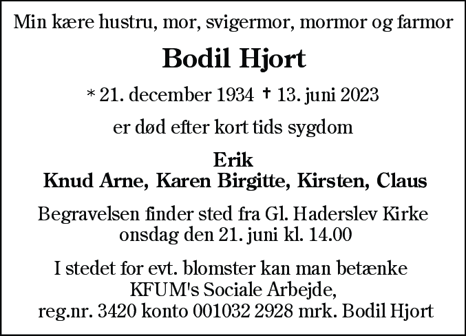 Dødsannonce for Bodil Hjort
