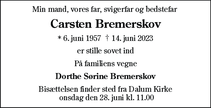 Dødsannonce for Carsten Bremerskov
