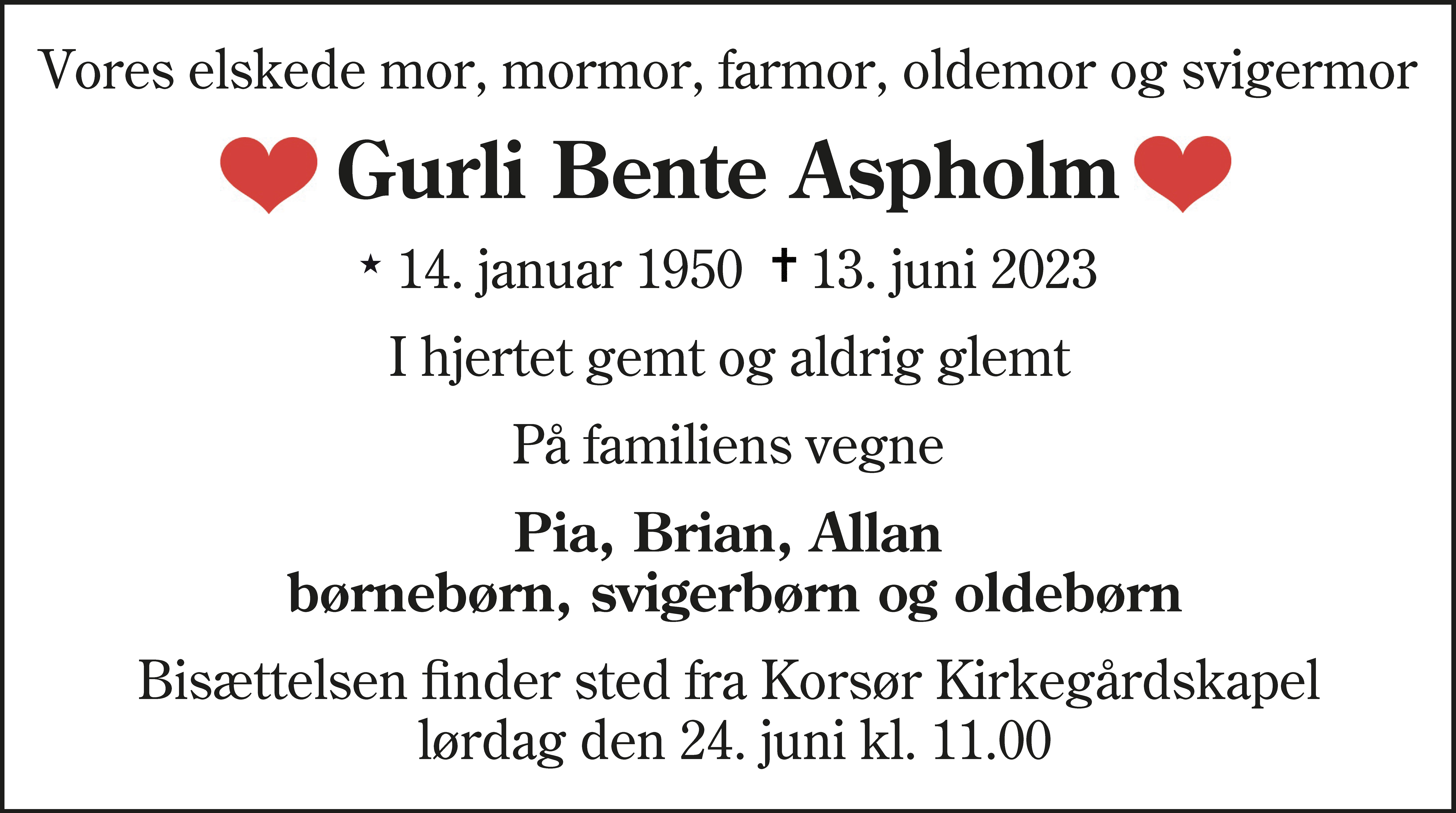 Dødsannonce for Gurli Bente Aspholm