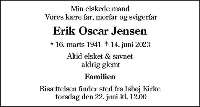 Dødsannonce for Erik Oscar Jensen
