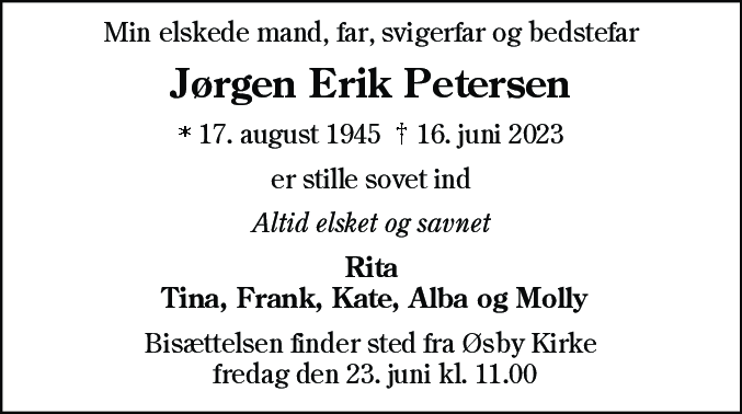 Dødsannonce for Jørgen Erik Petersen