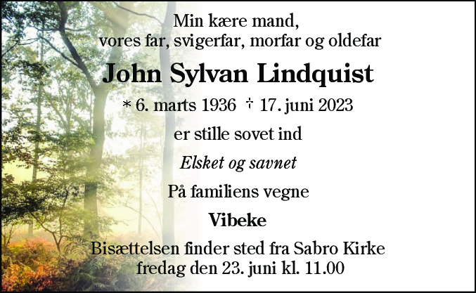 Dødsannonce for Axel John Sylvan Lindquist