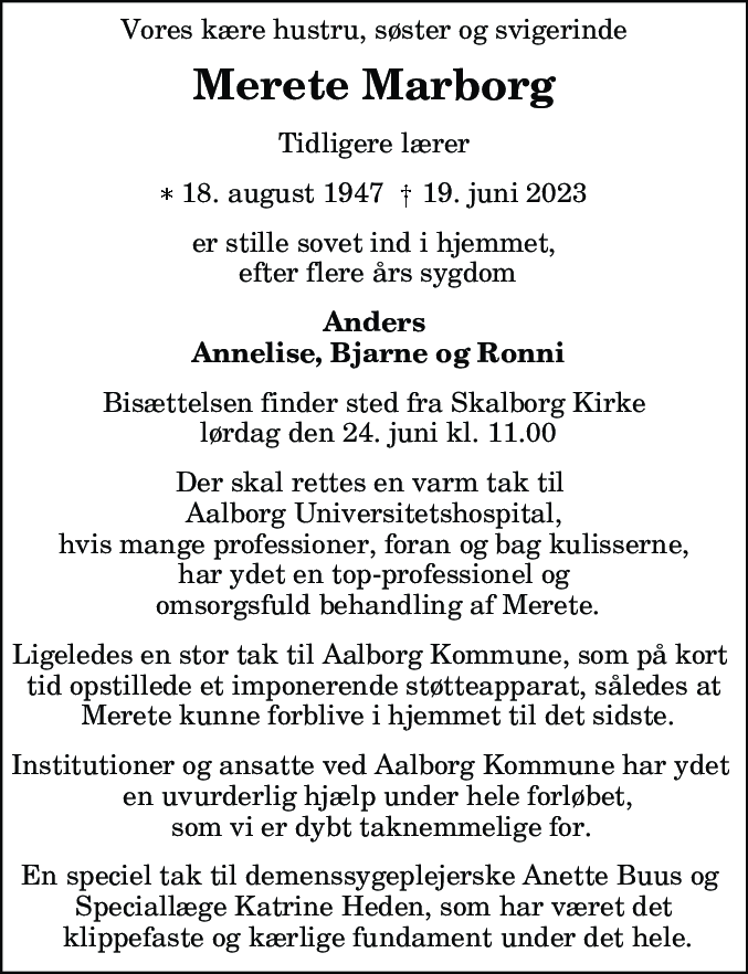 Dødsannonce for Merete Marborg
