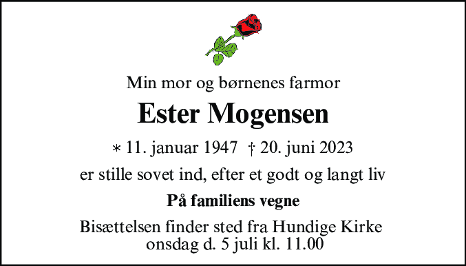 Dødsannonce for Ester Mogensen