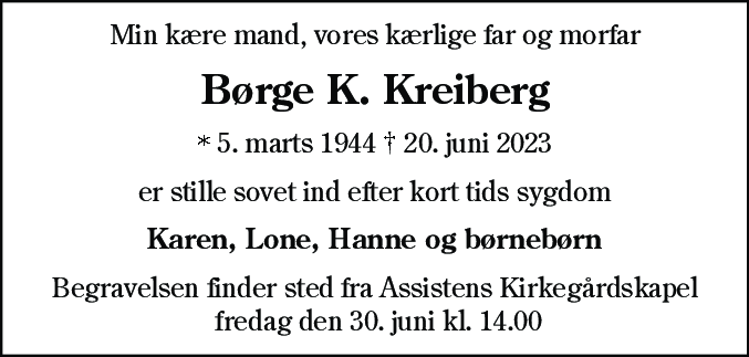 Dødsannonce for Børge Kim Kreiberg