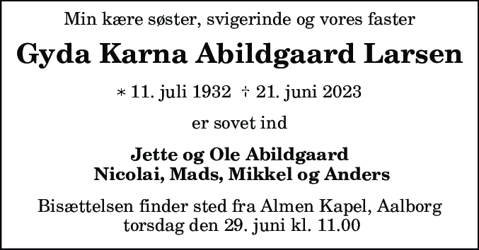 Dødsannonce for Gyda Karna Abildgaard Larsen