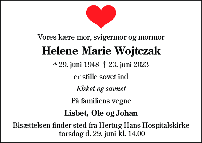 Dødsannonce for Helene Marie Wojtczak