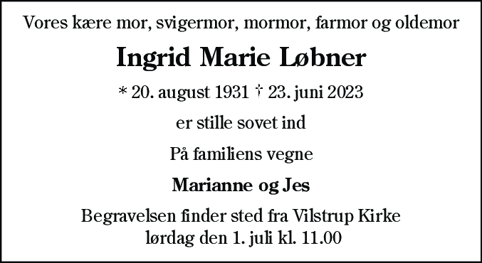 Dødsannonce for Ingrid Marie Løbner