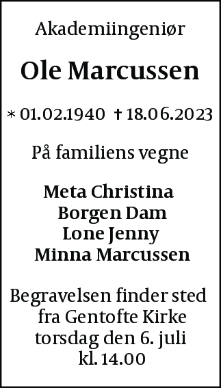 Dødsannonce for Ole Marcussen