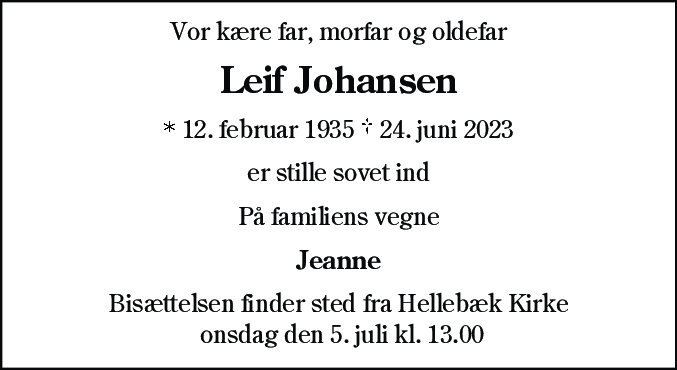 Dødsannonce for Leif Johansen