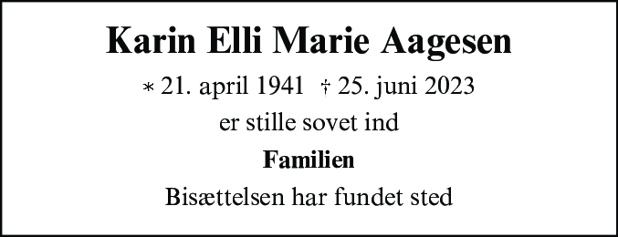 Dødsannonce for Karin Elli Marie Aagesen