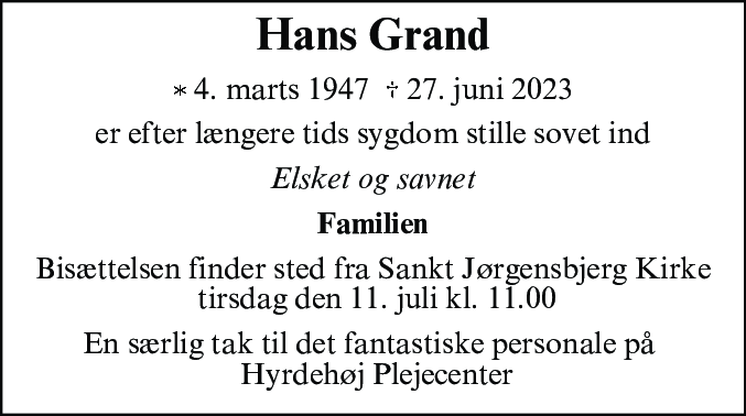 Dødsannonce for Hans Grand