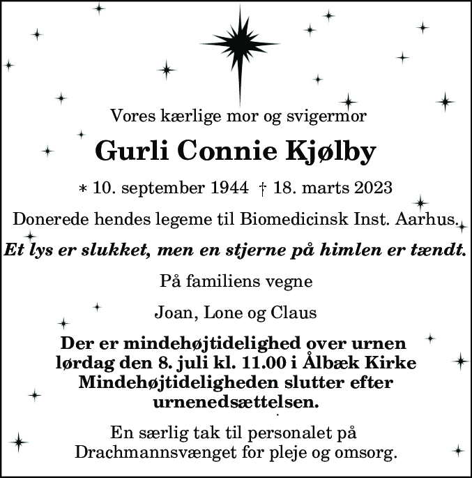 Dødsannonce for Gurli Connie Kjølby