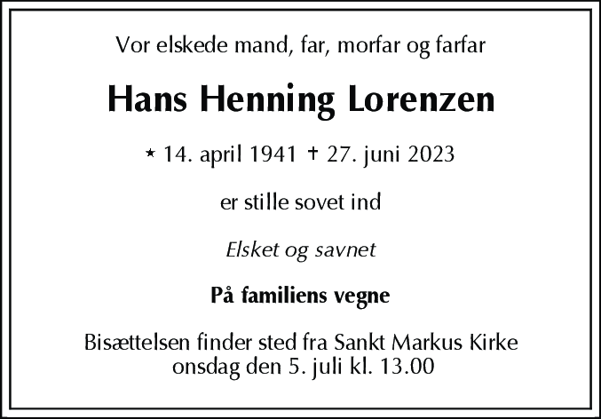 Dødsannonce for Hans Henning Lorenzen