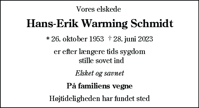 Dødsannonce for Hans-Erik Warming Schmidt