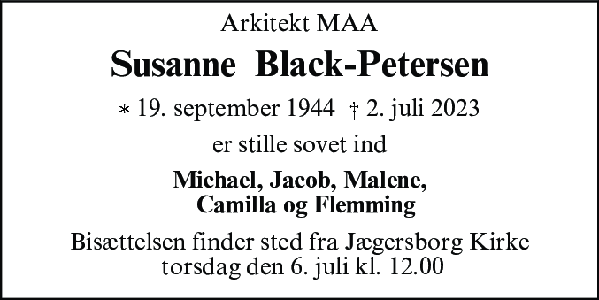 Dødsannonce for Susanne Jane Black-Petersen