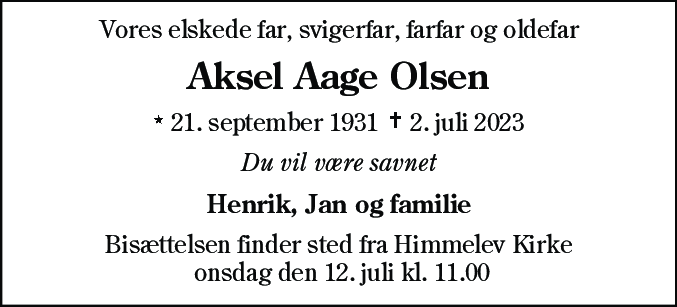 Dødsannonce for Aksel Aage Olsen