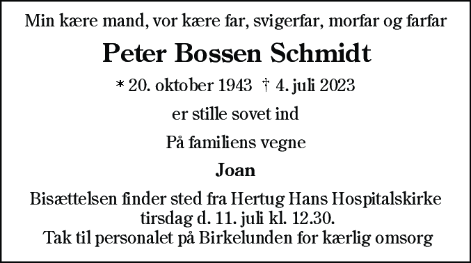 Dødsannonce for Peter Bossen Schmidt