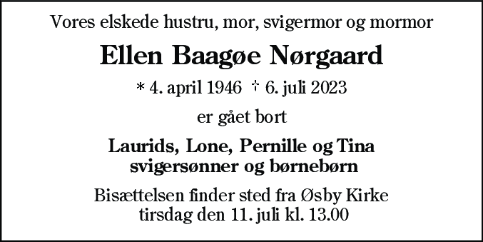 Dødsannonce for Ellen Baagøe Nørgaard