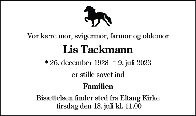 Dødsannonce for Lis Tackmann