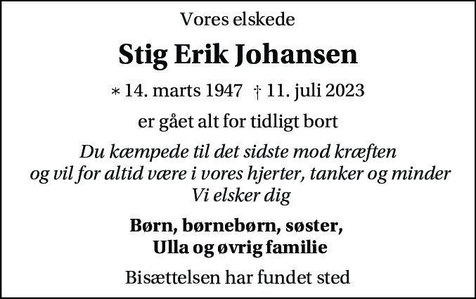 Dødsannonce for Stig Erik Johansen