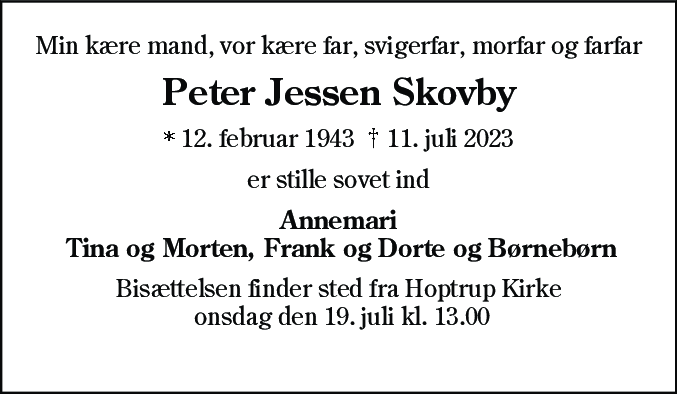 Dødsannonce for Peter Jessen Skovby