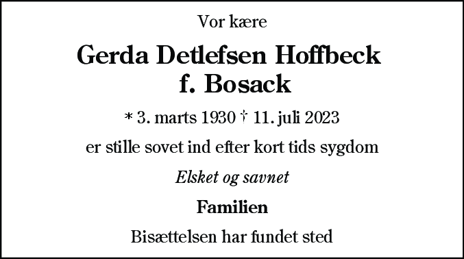 Dødsannonce for Gerda Detlefsen Hoffbeck