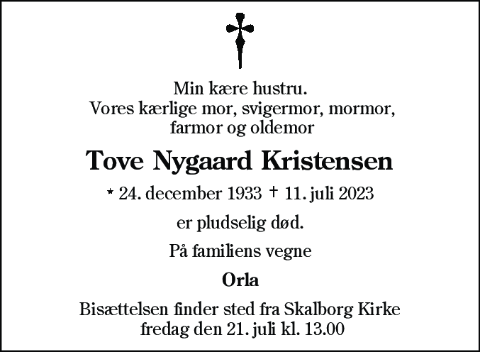 Dødsannonce for Tove Nygaard Kristensen