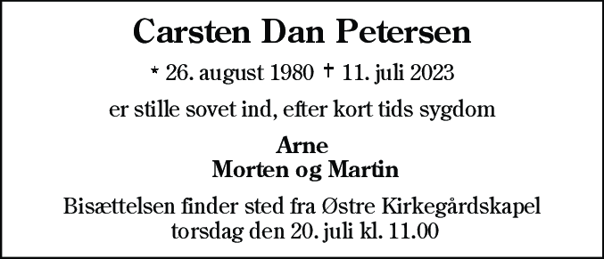 Dødsannonce for Carsten Dan Petersen