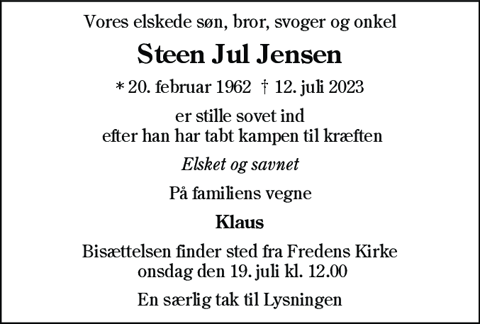 Dødsannonce for Steen Jul Jensen