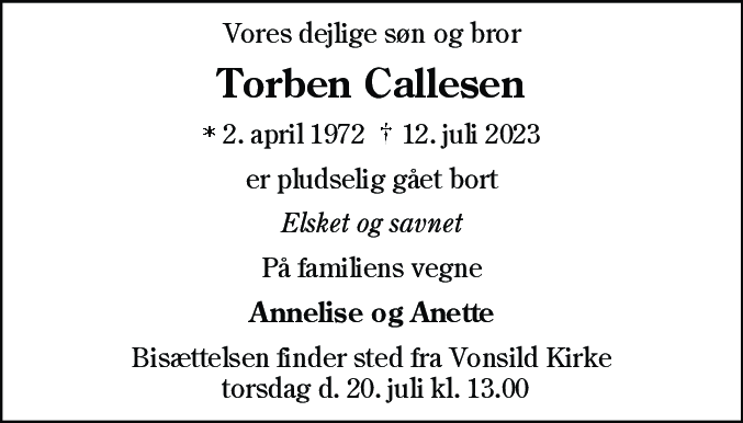 Dødsannonce for Torben Callesen
